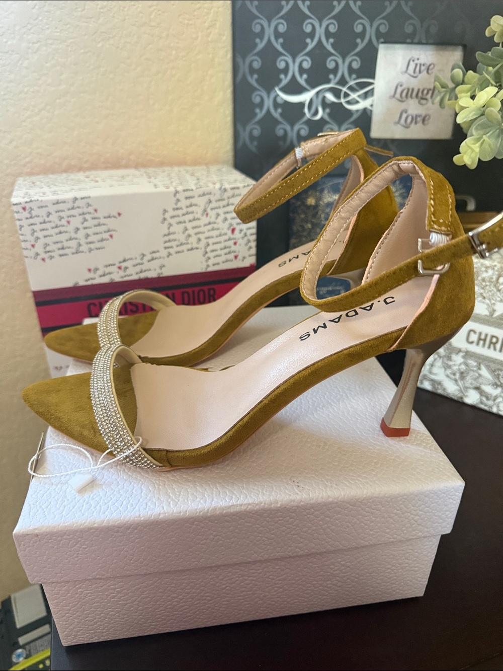 J. Adams Crystal Trim Mustard Suede Ankle Strap Heels NIB Size 7